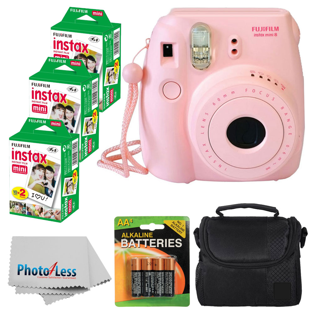 Photo4less Fujifilm Instax Mini 8 Instant Film Camera Pink With Fujifilm Instax Mini 6 Pack Instant Film 60 Shots Compact Bag Case Batteries Top Kit International Version No Warranty