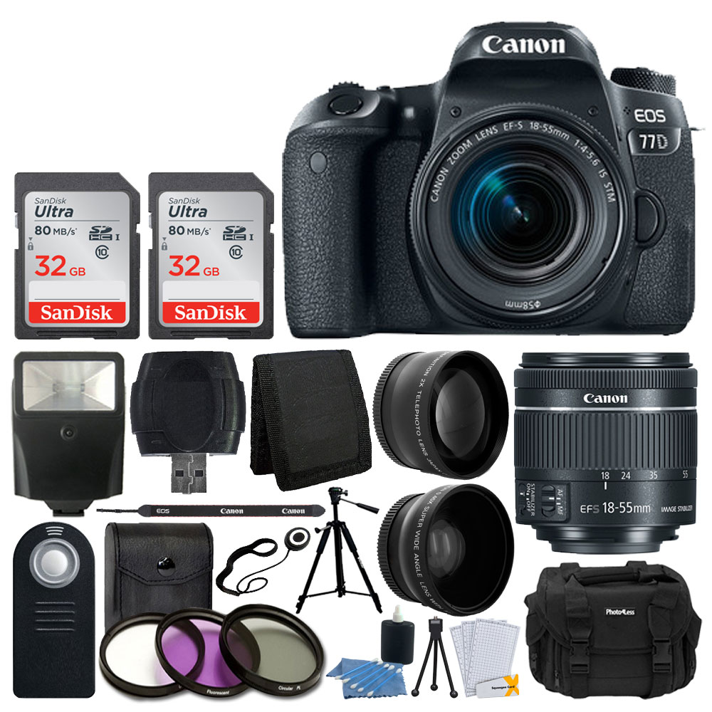 Canon EOS 77D DSLR Camera + EF-S 18-55mm IS Lens + More