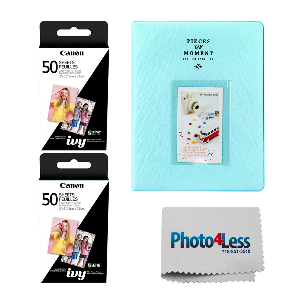 Canon 2 x 3 ZINK Photo Paper Pack + Photo Album Holds 128 Photos Photo4Less Cleaning Cloth Top Value Accessory Bundle 100 Sheets 