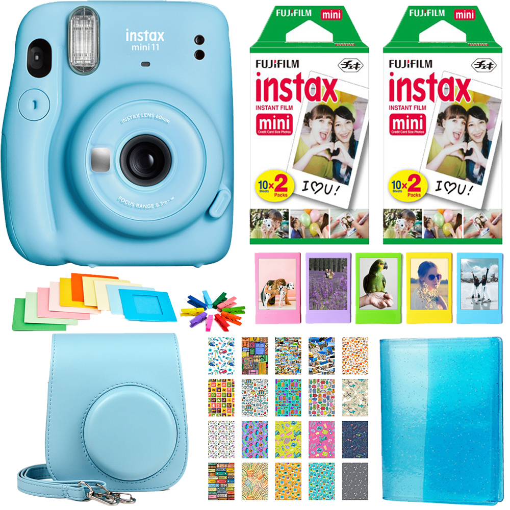 Photo4less Fujifilm Instax Mini 11 Instant Camera Sky Blue 2 Twin Pack Film Frames Case Album Stickers Complete Kit