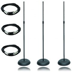 On Stage 3 Pack MS7201B Round Base Microphone Stand Black, with 3 XLR Microphone Cables 20ft.
