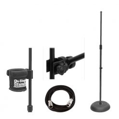 On Stage Round Base Mic Stand MS7201B + On Stage Posi-Lok Side Mount Boom + Mic Cable, 20 ft. XLR Bulk + Clamp-On Drink Holder MSA5050 + Complete Value Accessory Bundle