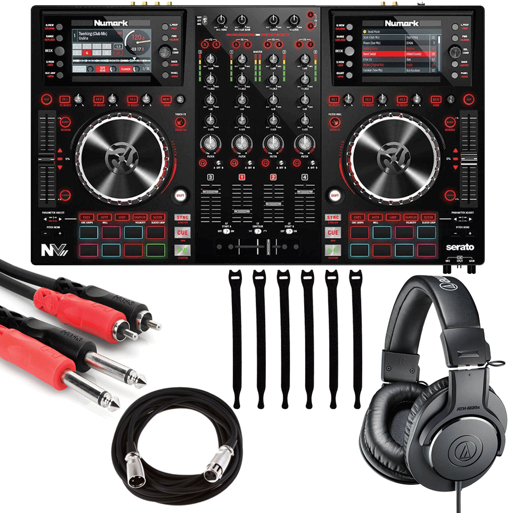 Pocket DJ Controller with Audio Interface Strapeez Top Value Bundle Numark DJ2GO2 Stereo Interconnect Cable TS Cable 