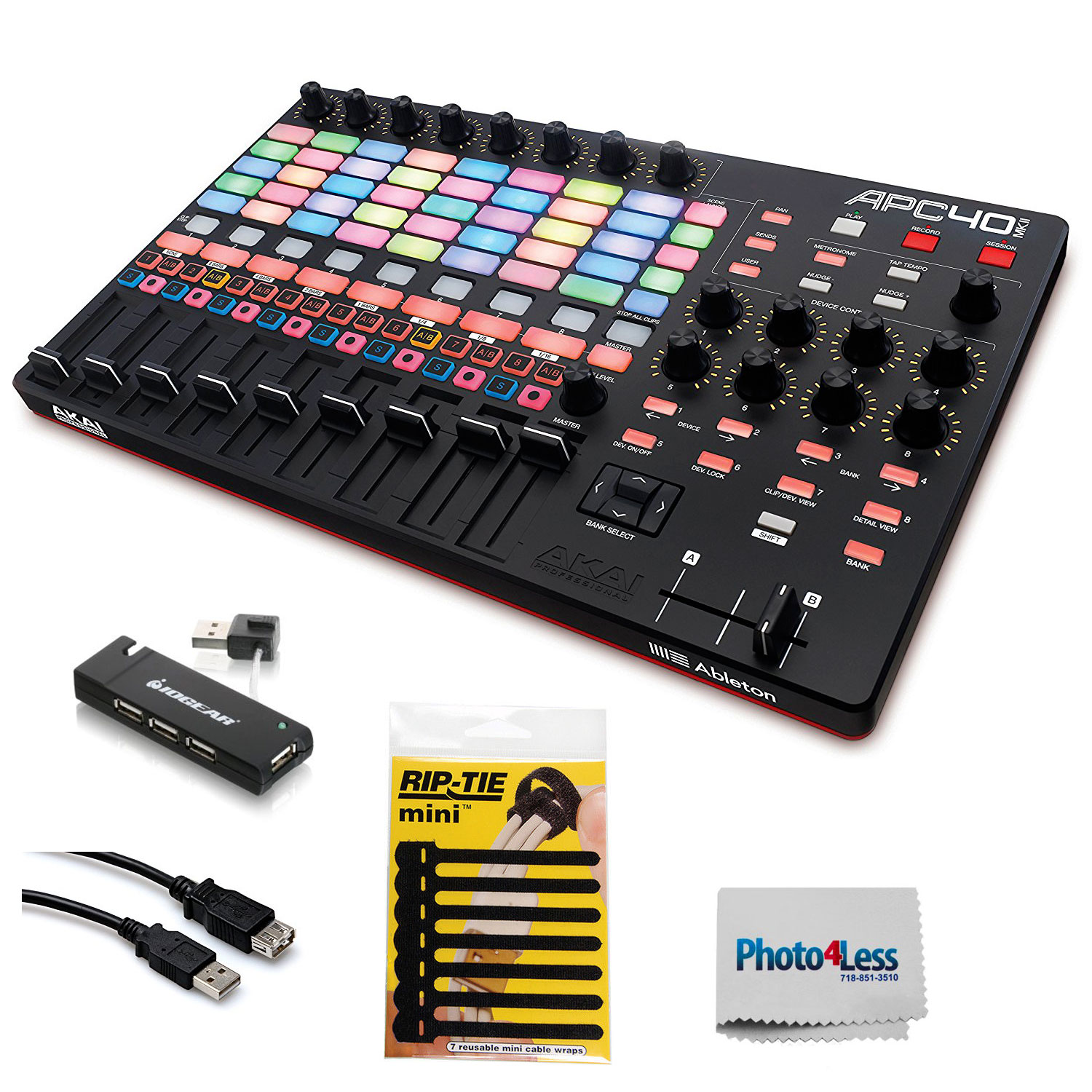 Akai Professional APC40 MKII Ableton Live Performance Controller with Ableton Live Lite Download Cable 4-Port USB Pack of Cable ties & Photo4less Cleaning Cloth