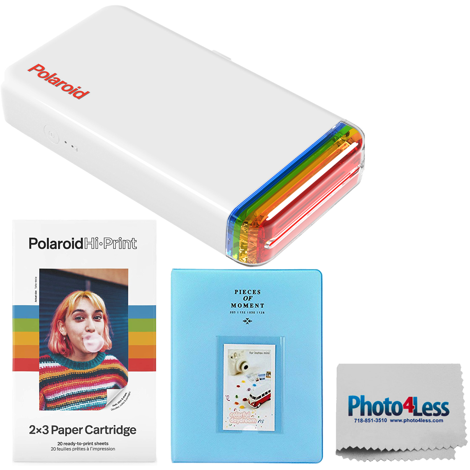 Photo4Less  Polaroid Hi-Print 2×3 Pocket Photo Printer + Hi-Print - 2X3  Paper Cartridge 20 sheets + Light Blue Album + Cloth