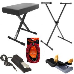 On Stage KT7800 Padded Keyboard Bench With On Stage Classic Single-X Keyboard Stand With On Stage KSP100 Universal Sustain Pedal With Keyboard Dust Cover for 88 Key Keyboards + Hot Wires Guitar Instrument Cables - 20 Feet, Braided Top instrument Bundle